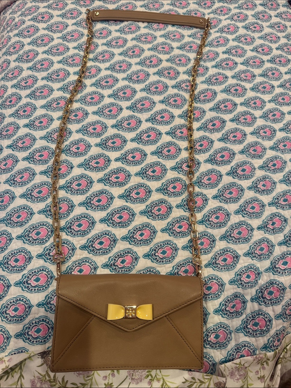 Women's Tan Crossbody Bag with Gold Bow Accent